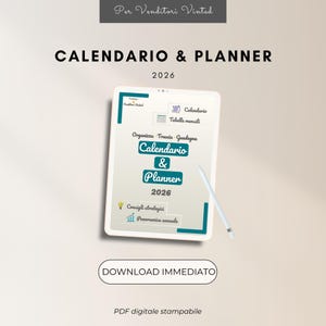 Può includere: Un calendario e planner digitale per il 2026, visualizzato su un tablet. Il design presenta accenti turchese e testo in italiano, tra cui "Calendario & Planner" e "Download Immediato".