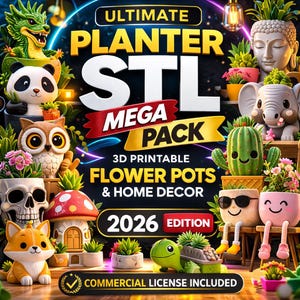 Puede incluir: Imagen promocional que muestra una variedad de macetas e ideas de decoración del hogar imprimibles en 3D. La imagen presenta diseños caprichosos, incluyendo macetas con forma de animales, una calavera y una casa con forma de hongo. El texto incluye "ULTIMATE PLANTER STL MEGA PACK" y "2026 EDITION".
