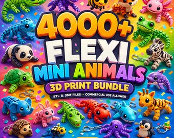 May include: A vibrant image showcasing a 3D print bundle of over 4000 Flexi Mini Animals. The image features various colorful animal figurines, including a lizard, bee, fox, axolotl, frog, zebra, panda, turtle, elephant, rabbit, crocodile, crab, shark, octopus, penguin, and giraffe. The text reads "4000+ FLEXI MINI ANIMALS 3D PRINT BUNDLE".