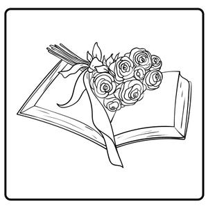 May include: Black and white line art illustration of a bouquet of roses tied with a ribbon, resting on an open book. The roses are detailed with multiple petals, and the book's pages are visible. The ribbon drapes elegantly.
