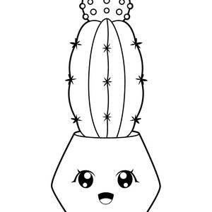 May include: Black and white illustration of a cartoon cactus in a pot. The cactus has a smiling face and star-shaped thorns. The top of the cactus has a cluster of small circles.