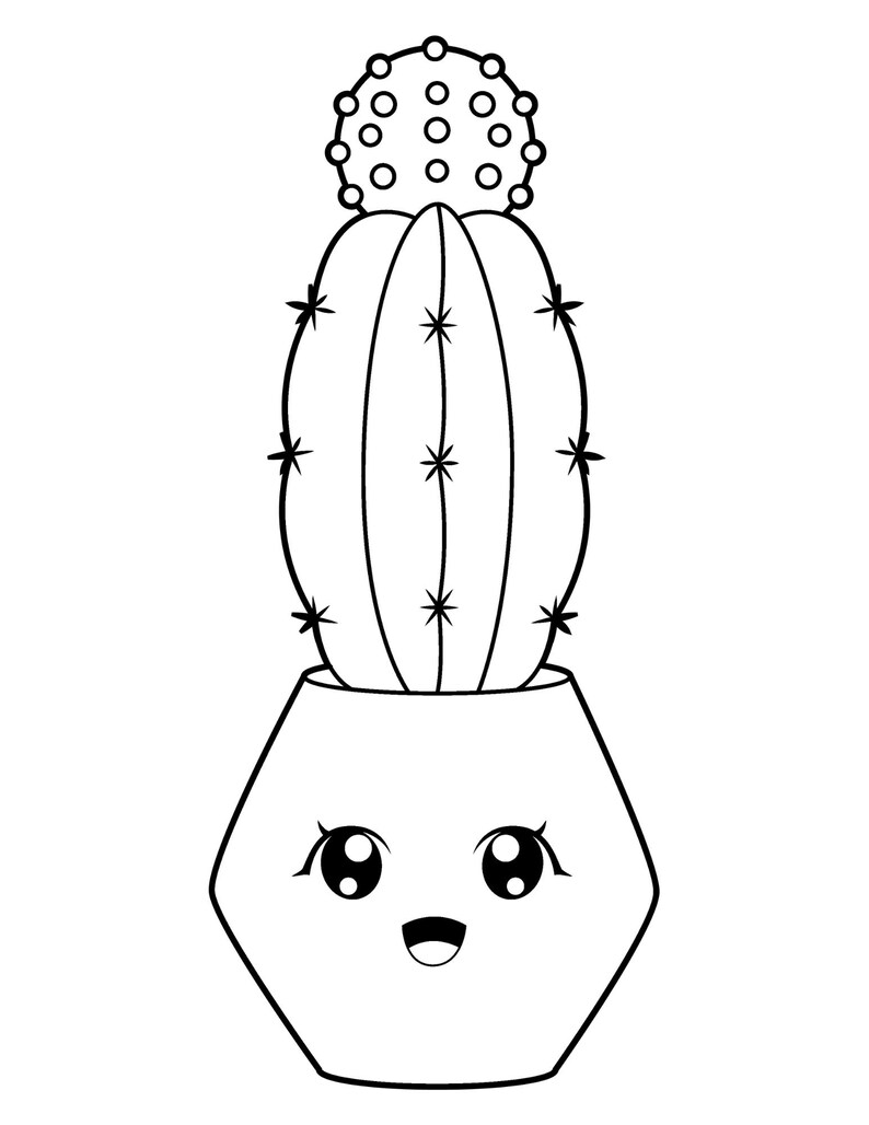 May include: Black and white illustration of a cartoon cactus in a pot. The cactus has a smiling face and star-shaped thorns. The top of the cactus has a cluster of small circles.