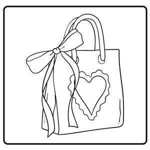 May include: A black and white line drawing of a tote bag with handles and a large bow. The bag features a heart-shaped design with a scalloped border, perfect for coloring or crafting projects.