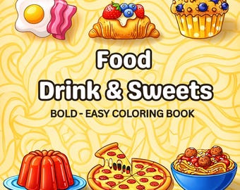 May include: A colorful illustration for a coloring book titled "Food Drink & Sweets". The image features cartoon depictions of food items like a fried egg with bacon, a croissant with berries, a muffin, a jelly, a pizza, and spaghetti.
