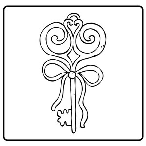 May include: Black and white line art illustration of a decorative key. The key features ornate swirls at the top, a diamond shape, a bow, and a keyhole design. The image is set against a white background.