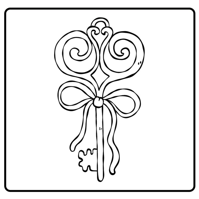 May include: Black and white line art illustration of a decorative key. The key features ornate swirls at the top, a diamond shape, a bow, and a keyhole design. The image is set against a white background.