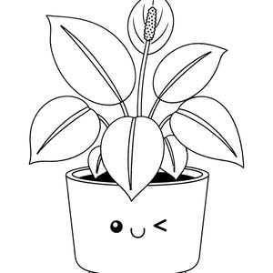 May include: Black and white line art illustration of a potted plant. The plant has large, oval leaves and a single flower. The pot has a smiling face with a winking eye.