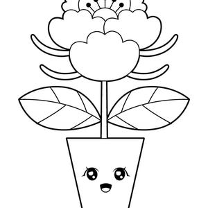 May include: Black and white line art illustration of a flower in a pot. The flower has large petals and a detailed center. The pot has a smiling face. The leaves are detailed with veins.