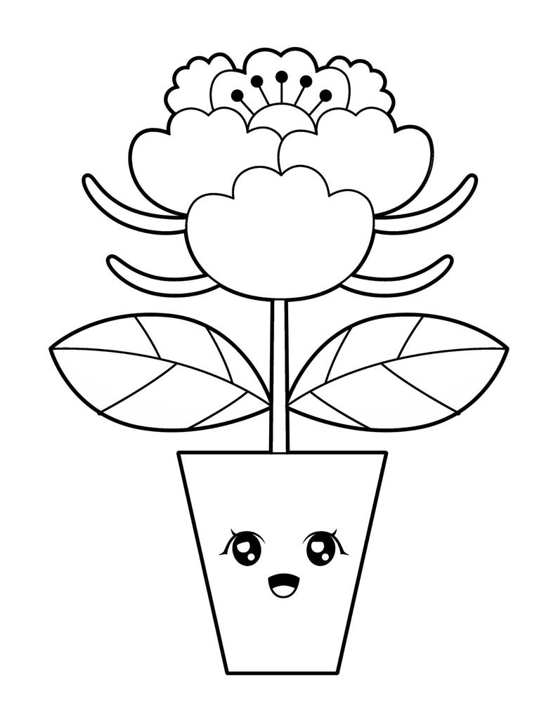 May include: Black and white line art illustration of a flower in a pot. The flower has large petals and a detailed center. The pot has a smiling face. The leaves are detailed with veins.