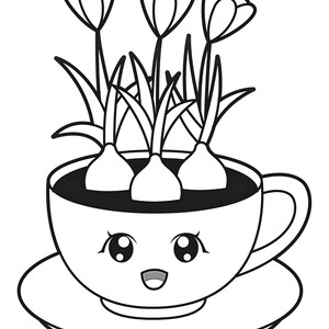 May include: Black and white illustration of a smiling teacup with three tulip plants growing inside. The teacup sits on a saucer, and the tulips have long stems and pointed petals.