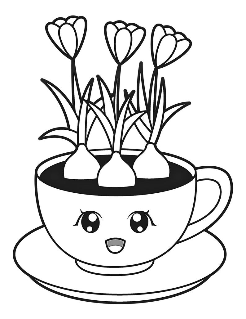 May include: Black and white illustration of a smiling teacup with three tulip plants growing inside. The teacup sits on a saucer, and the tulips have long stems and pointed petals.
