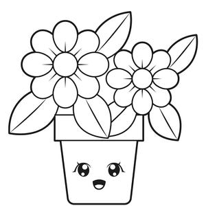May include: Black and white line art illustration of two flowers with leaves in a smiling flower pot. The flowers have multiple petals and the pot has a cute face with eyes and a mouth.