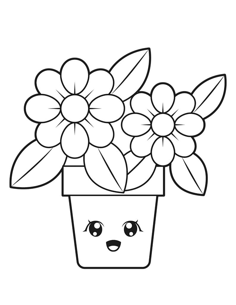 May include: Black and white line art illustration of two flowers with leaves in a smiling flower pot. The flowers have multiple petals and the pot has a cute face with eyes and a mouth.