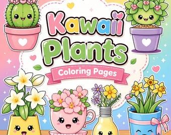 May include: Kawaii Plants coloring pages featuring adorable cartoon plants in pots. The image includes a cactus, succulents, daffodils, and other flowers, all with smiling faces. The text "Kawaii Plants Coloring Pages" is displayed.
