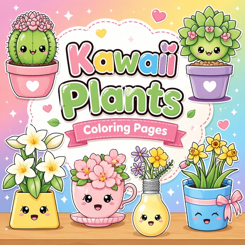 May include: Kawaii Plants coloring pages featuring adorable cartoon plants in pots. The image includes a cactus, succulents, daffodils, and other flowers, all with smiling faces. The text "Kawaii Plants Coloring Pages" is displayed.
