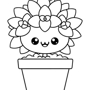 May include: A black and white illustration of a smiling succulent plant with large eyes and a happy expression. The plant is in a simple, rectangular pot. The succulent has many petals and is a cute, cartoon-style drawing.