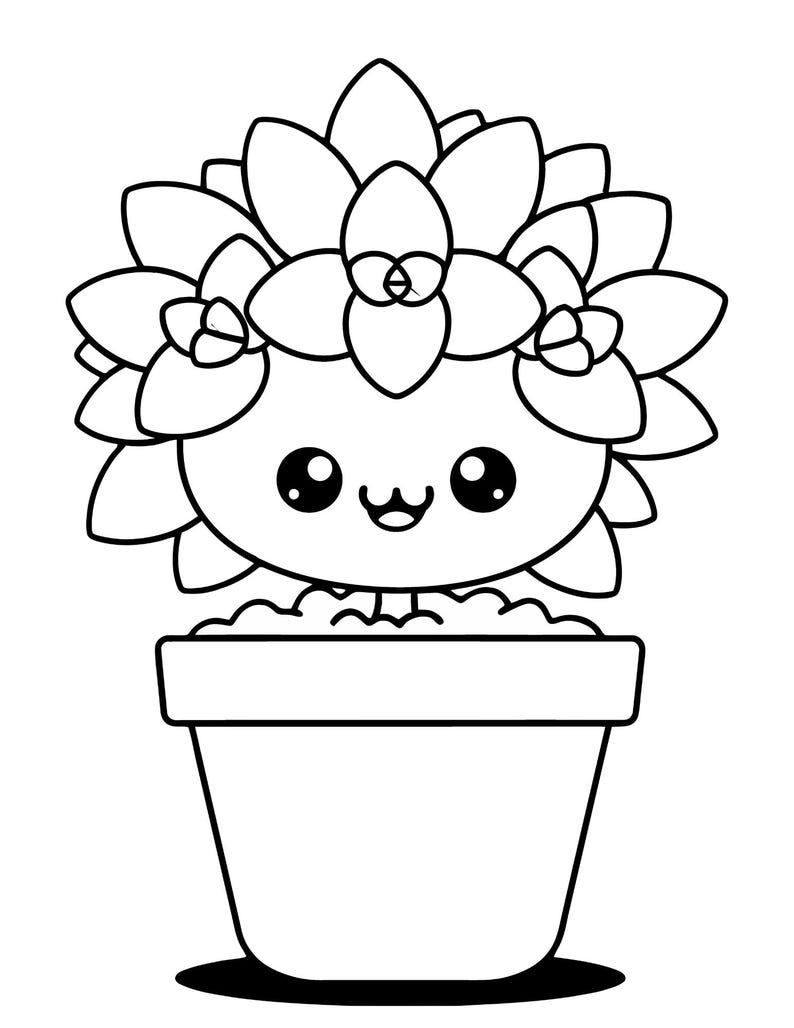 May include: A black and white illustration of a smiling succulent plant with large eyes and a happy expression. The plant is in a simple, rectangular pot. The succulent has many petals and is a cute, cartoon-style drawing.
