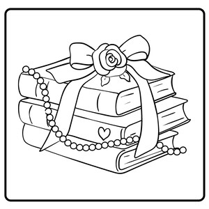 May include: A stack of three books tied with a ribbon and adorned with a rose and a string of pearls. A heart is drawn on the cover of the bottom book. The image is a black and white line drawing.