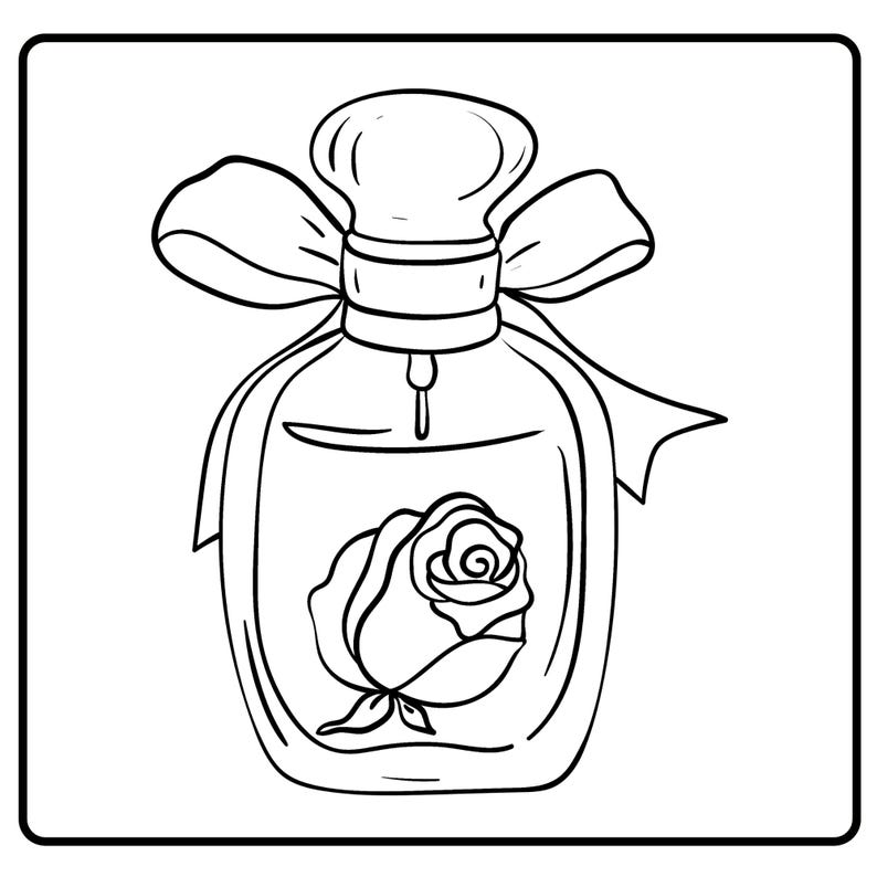 May include: A black and white line drawing of a perfume bottle with a rose inside. The bottle has a bow tied around the neck and a cap on top. The rose is in the center of the bottle.