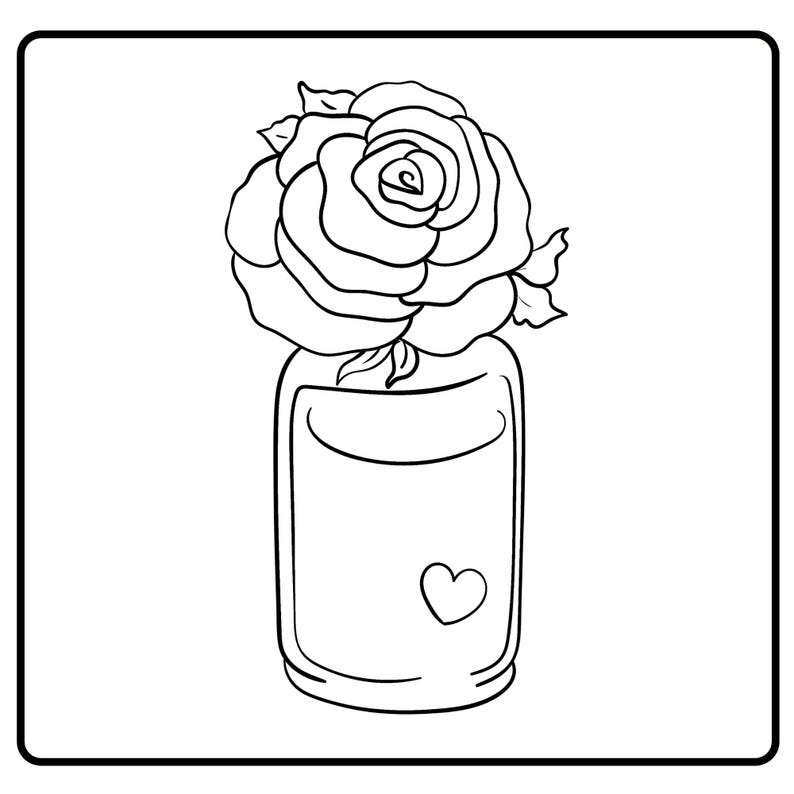 May include: Line art illustration of a rose flower atop a glass jar. The jar has a heart symbol on the front. The image is in black and white.