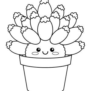 May include: A black and white illustration of a smiling succulent plant in a pot. The plant has many oval-shaped leaves with a textured edge. The pot is a simple, rectangular shape.