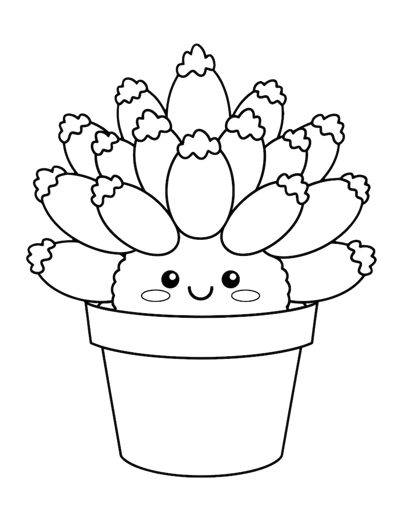 May include: A black and white illustration of a smiling succulent plant in a pot. The plant has many oval-shaped leaves with a textured edge. The pot is a simple, rectangular shape.