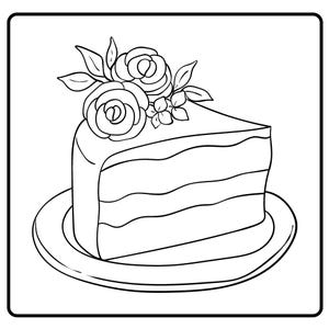 May include: Black and white line art illustration of a slice of cake on a plate. The cake has three layers and is decorated with two roses, leaves, and small flowers. The plate is round.
