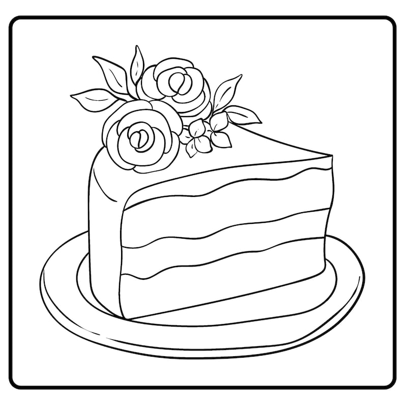 May include: Black and white line art illustration of a slice of cake on a plate. The cake has three layers and is decorated with two roses, leaves, and small flowers. The plate is round.