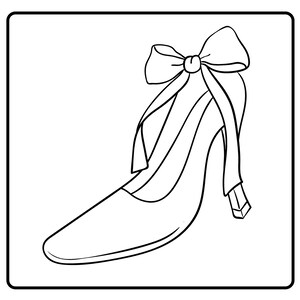 May include: A high-heeled shoe with a pointed toe and a bow detail on the back. The shoe is depicted in a simple black and white line drawing, suitable for coloring or design projects.