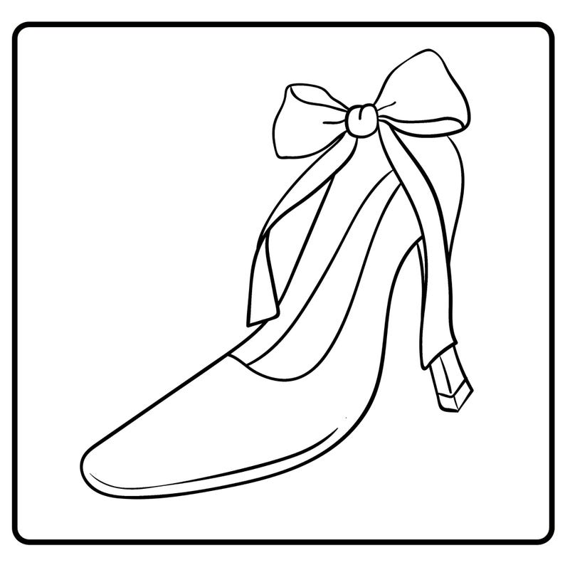May include: A high-heeled shoe with a pointed toe and a bow detail on the back. The shoe is depicted in a simple black and white line drawing, suitable for coloring or design projects.