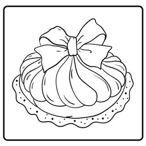May include: Black and white line art illustration of a cupcake with a large bow on top. The cupcake has a swirled frosting design and sits on a plate with a dotted edge. The image is in a square frame.