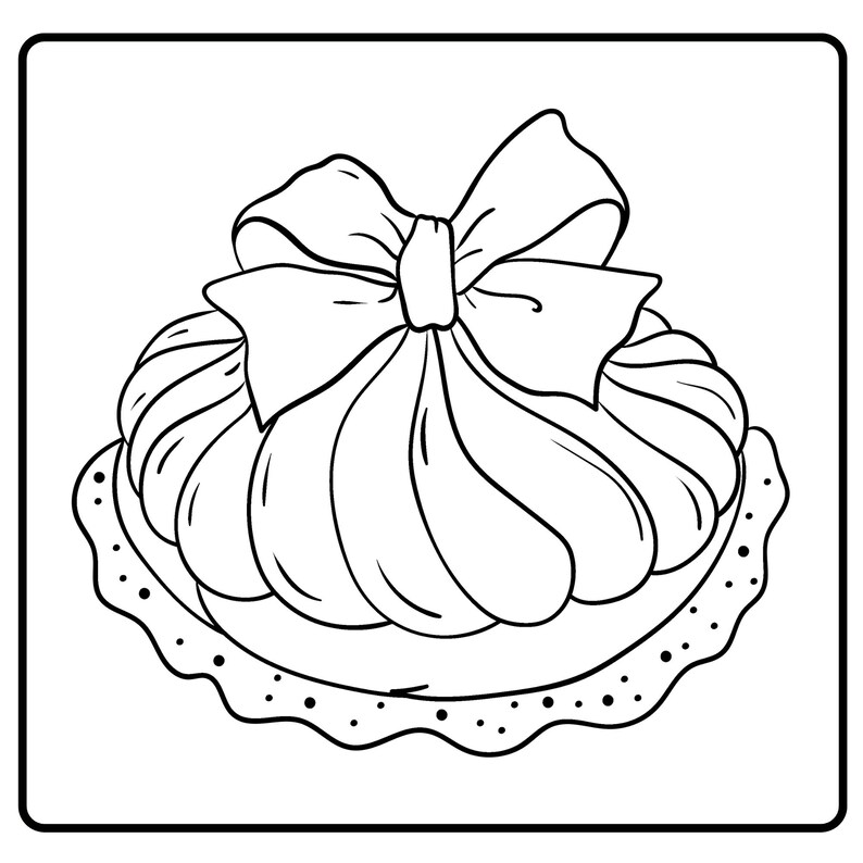 May include: Black and white line art illustration of a cupcake with a large bow on top. The cupcake has a swirled frosting design and sits on a plate with a dotted edge. The image is in a square frame.