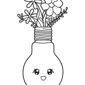 May include: A black and white illustration of a lightbulb-shaped vase with a smiling face. The vase holds a bouquet of flowers and leaves. The flowers include daisies and a larger, five-petal flower.