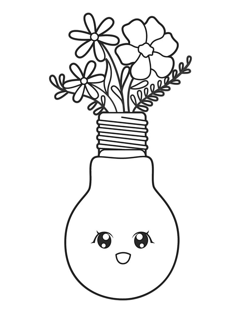 May include: A black and white illustration of a lightbulb-shaped vase with a smiling face. The vase holds a bouquet of flowers and leaves. The flowers include daisies and a larger, five-petal flower.