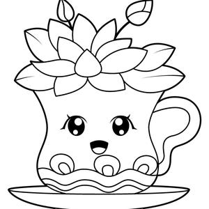 May include: Black and white line art illustration of a smiling teacup with a flower on top, sitting on a saucer. The teacup has large eyes and a happy expression. The flower has multiple petals and leaves.