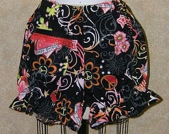 Braguitas de algodón con bolsillo, estampado de símbolo de la paz y flores, ribete de volantes - Talla S