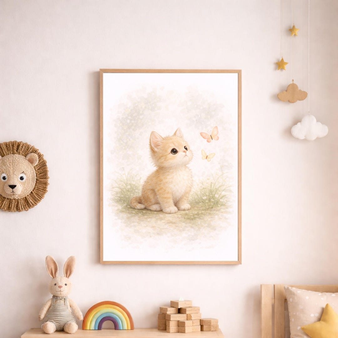 Kitten Nursery Wall Art – Cute Baby Cat With Butterflies Print - Etsy