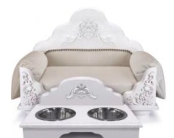 Cama blanca de lujo para perros con cuenco, sofá Royal Pet (gato) hecho a mano