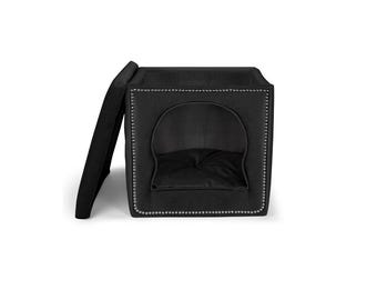 Cama cueva de lujo para perros negra: Cubo de terciopelo para mascotas con cojín, cama para gatos Audrey