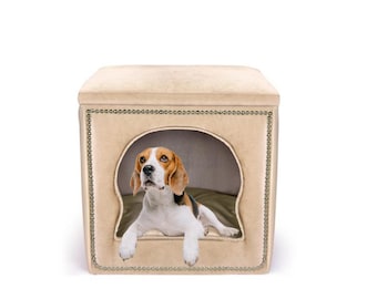 Cama cueva de lujo para perros beige - Cubo de terciopelo para mascotas con cojín, Cama para gatos Audrey