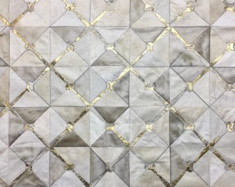 Gold and White Cowhide Area Rug, Gold Leather Carpet, Luxury Patchwork Mat, Modern Diamond Pattern Rug, Large Living Room Rug - Canuelas
