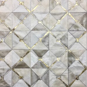 Gold and White Cowhide Area Rug, Gold Leather Carpet, Luxury Patchwork Mat, Modern Diamond Pattern Rug, Large Living Room Rug - Canuelas
