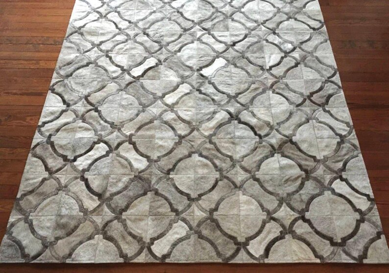 Handmade Cowhide Patchwork Rug: Gray Geometric Design image 4