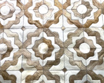 Handmade Cowhide Patchwork Rug, Off White/ Creams and Taupes Leather Area Rug, Custom Size Contemporary Decor, Varese