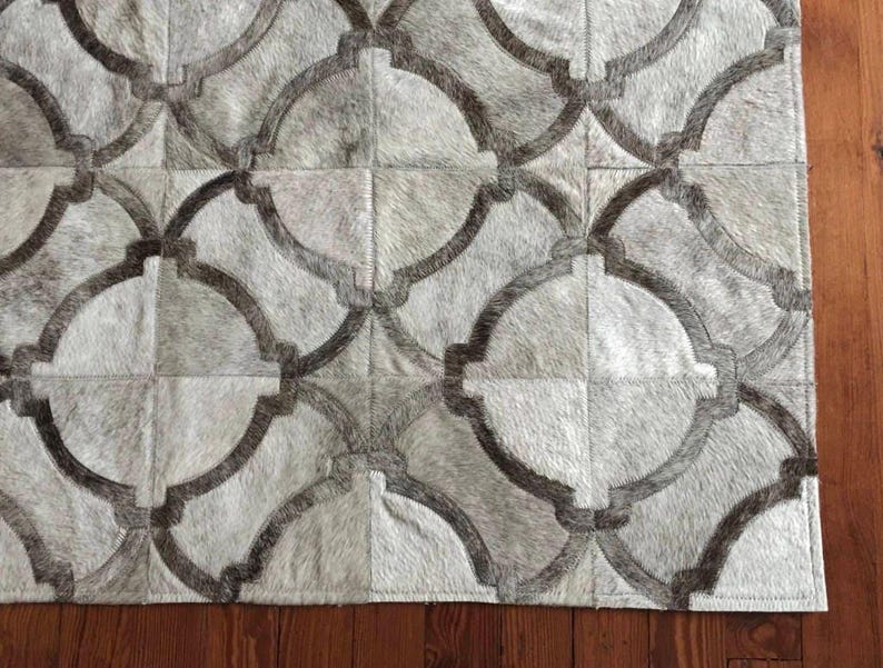 Handmade Cowhide Patchwork Rug: Gray Geometric Design image 5
