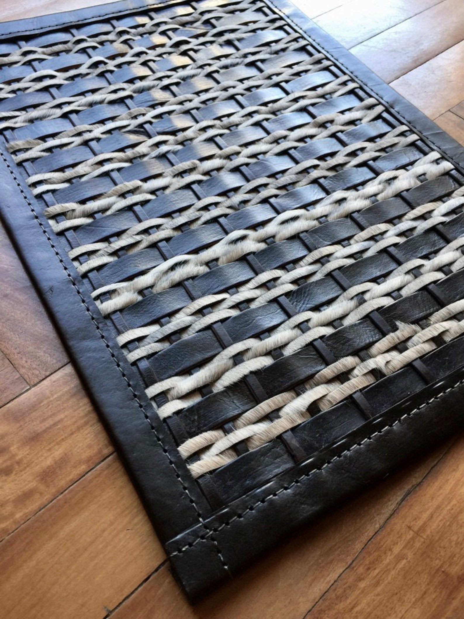 Woven Leather Rug Leather and Cowhide Rug Black Light Grey Etsy