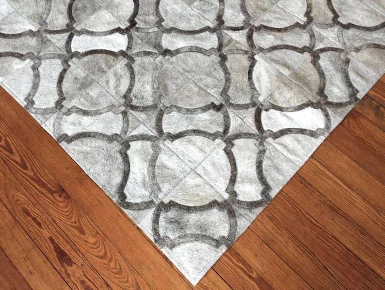 Handmade Cowhide Patchwork Rug: Gray Geometric Design image 2