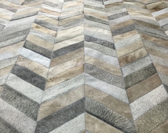 Handmade Cowhide Patchwork Rug: Taupe Gray Chevron Rug