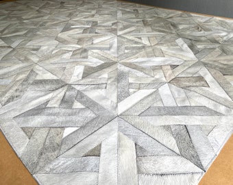 Patchwork Cowhide Rug White Cream Grey Leather 5.5x8.3ft Shabby Chic Coastal Living Room Carpet. READY TO SHIP!!