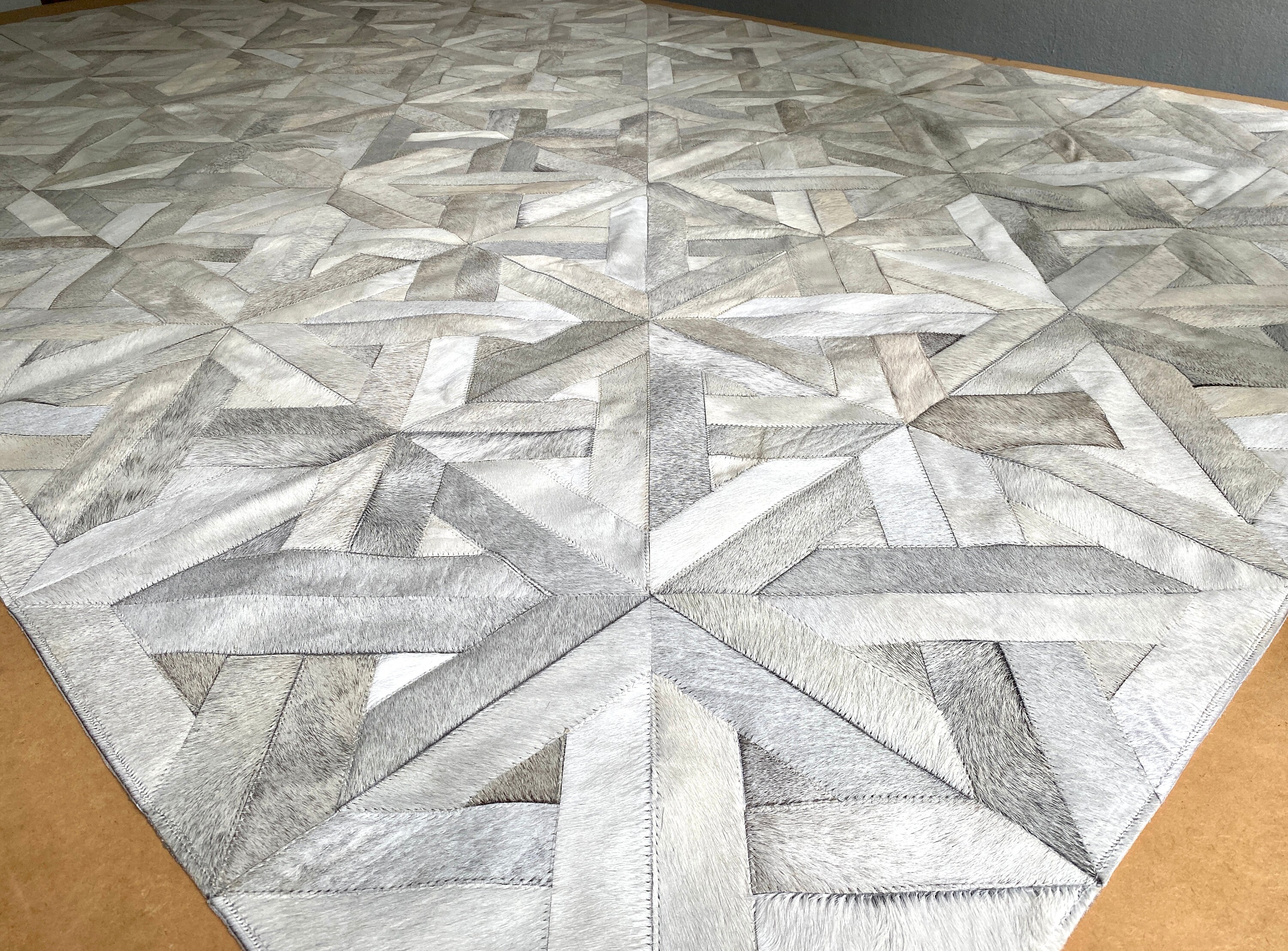 Patchwork Cowhide Rug White Cream Grey Leather 5.5x8.3ft Shabby Chic ...